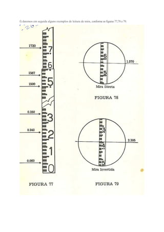 f) daremos em seguida alguns exemplos de leitura de mira, conforme as figuras 77,78 e 79.
 