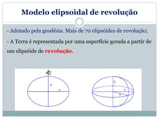 Modelo elipsoidal de revolução
- Adotado pela geodésia. Mais de 70 elipsóides de revolução;
- A Terra é representada por uma superfície gerada a partir de
um elipsóide de revolução.
 