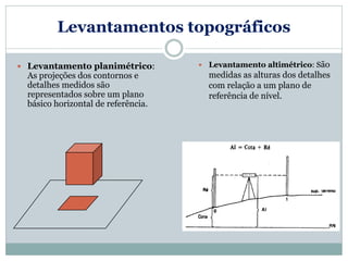 Levantamentos topográficos
 Levantamento planimétrico:
As projeções dos contornos e
detalhes medidos são
representados sobre um plano
básico horizontal de referência.
 Levantamento altimétrico: São
medidas as alturas dos detalhes
com relação a um plano de
referência de nível.
 