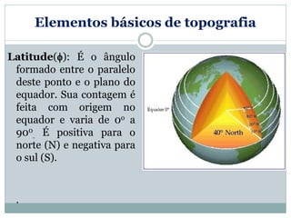 Elementos básicos de topografia
Latitude(): É o ângulo
formado entre o paralelo
deste ponto e o plano do
equador. Sua contagem é
feita com origem no
equador e varia de 0o a
900
. É positiva para o
norte (N) e negativa para
o sul (S).
.
 
