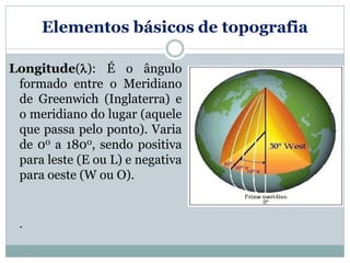 Elementos básicos de topografia
Longitude(): É o ângulo
formado entre o Meridiano
de Greenwich (Inglaterra) e
o meridiano do lugar (aquele
que passa pelo ponto). Varia
de 00 a 1800, sendo positiva
para leste (E ou L) e negativa
para oeste (W ou O).
.
 