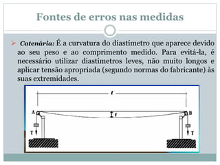 Fontes de erros nas medidas
 Catenária: É a curvatura do diastímetro que aparece devido
ao seu peso e ao comprimento medido. Para evitá-la, é
necessário utilizar diastímetros leves, não muito longos e
aplicar tensão apropriada (segundo normas do fabricante) às
suas extremidades.
 