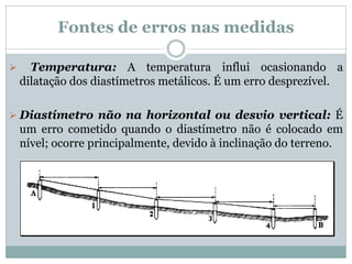 Fontes de erros nas medidas
 Temperatura: A temperatura influi ocasionando a
dilatação dos diastímetros metálicos. É um erro desprezível.
 Diastímetro não na horizontal ou desvio vertical: É
um erro cometido quando o diastímetro não é colocado em
nível; ocorre principalmente, devido à inclinação do terreno.
 