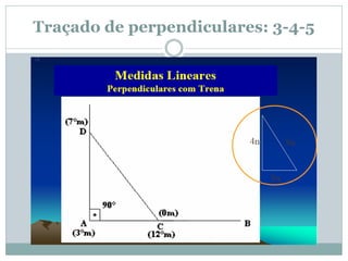 Traçado de perpendiculares: 3-4-5
 