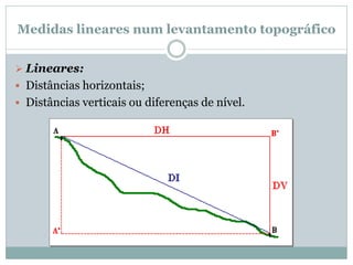 Medidas lineares num levantamento topográfico
 Lineares:
 Distâncias horizontais;
 Distâncias verticais ou diferenças de nível.
 
