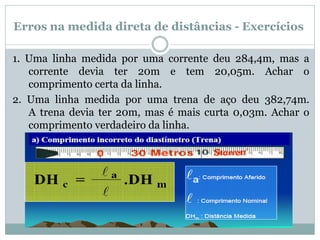 Erros na medida direta de distâncias - Exercícios
1. Uma linha medida por uma corrente deu 284,4m, mas a
corrente devia ter 20m e tem 20,05m. Achar o
comprimento certa da linha.
2. Uma linha medida por uma trena de aço deu 382,74m.
A trena devia ter 20m, mas é mais curta 0,03m. Achar o
comprimento verdadeiro da linha.
 