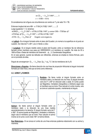 UNIVERSIDAD NACIONAL DE INGENIERÍA 
FACULTAD DE INGENIERÍA CIVIL 
DPTO. TOPOGRAFÍA Y VÍAS DE TRANSPORTE 
Centro de Extensión Universitaria TOPOGRAFÍA BÁSICA 
PROFESOR: Ing. Luis F. Manco Céspedes 15 
  
r OB OA 
r /180º.......1 A B 
  
    
Si consideramos de la figura una circunferencia con centro en T y de radio TA = TB. 
Entonces longitud del arco AB=  TBATB/180º.......2 
Luego igualando 1 = 2, tenemos: 
OB /180º TB(ATB) /180º y como OB TBSen º A B        
TBSen º  /180º TB(ATB) /180º A B       
ATB  Sen º Ángulo convergencia. A B      
 Latitud.- Es el ángulo formado entre el plano del Ecuador y la normal a la superficie en el punto en 
cuestión. Se mide de 0° a 90° y es (+) Norte o (-)Sur. 
 Longitud.- Es el ángulo medido sobre el plano del Ecuador, entre un meridiano fijo de referencia 
llamado primer meridiano que pasa por GREENWICH y el meridiano en cuesti6n. Se mide de 00 a 
1800 al Este o Oeste del meridiano de Greenwich.  ,  Coordenadas Geográficas. 
En el caso general, cuando las latitudes son diferentes, entonces se emplea la misma fórmula, pero 
con el promedio de ellas. 
Ángulo de convergencia=  Sen  º º/ 2 A B A B      de los meridianos de A y B. 
Direcciones y Ángulos.- Se llama dirección de una línea de proyección h6rizontal al ángulo horizontal 
formado por esta línea y otra que se toma como referencia. 
4.2. AZlMUT y RUMBOS 
Rumbos.- Se llama rumbo al ángulo formado entre un 
meridiano dado y la dirección de una línea. El ángulo formado 
varía de 0° a 90º en dirección este o oeste. El rumbo puede 
ser Magnético, Verdadero (Geográfico) o Arbitrario según sea 
el meridiano que se tome. Para calcular el rumbo inverso, solo 
se toma el cuadrante opuesto, manteniendo el ángulo. 
Azimut.- Se llanta azimut al ángulo formado entre un 
meridiano dado y la dirección de una línea medido 
ascendentemente a la derecha. El ángulo formado varía de 0° 
a 360°. El azimut puede ser Magnético, Verdadero o Arbitrario, 
según sea el meridiano que se tome. Para calcular el azimut 
inverso se le suma o se le resta 180° al Azimut directo. 
Sus Relaciones.- Si se conoce el rumbo de una línea entonces podemos relacionarlo con su azimut y 
viceversa. 
 