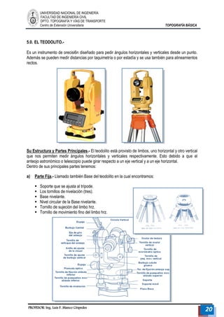 UNIVERSIDAD NACIONAL DE INGENIERÍA 
FACULTAD DE INGENIERÍA CIVIL 
DPTO. TOPOGRAFÍA Y VÍAS DE TRANSPORTE 
Centro de Extensión Universitaria TOPOGRAFÍA BÁSICA 
PROFESOR: Ing. Luis F. Manco Céspedes 20 
5.0. EL TEODOLITO.- 
Es un instrumento de orecisi6n diseñado para pedir ángulos horizontales y verticales desde un punto. Además se pueden medir distancias por taquimetría o por estadía y se usa también para alineamientos rectos. 
Su Estructura y Partes Principales.- El teodolito está provisto de limbos, uno horizontal y otro vertical que nos permiten medir ángulos horizontales y verticales respectivamente. Esto debido a que el anteojo astronómico o telescopio puede girar respecto a un eje vertical y a un eje horizontal. 
Dentro de sus principales partes tenemos: 
a) Parte Fija.- Llamado también Base del teodolito en la cual encontramos: 
 Soporte que se ajusta al trípode. 
 Los tornillos de nivelación (tres). 
 Base nivelante. 
 Nivel circular de la Base nivelante. 
 Tornillo de sujeción del limbo hrz. 
 Tornillo de movimiento fino del limbo hrz. 
 