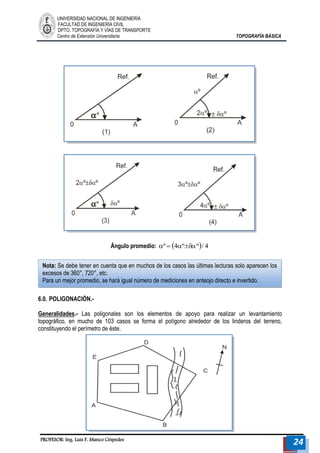 UNIVERSIDAD NACIONAL DE INGENIERÍA 
FACULTAD DE INGENIERÍA CIVIL 
DPTO. TOPOGRAFÍA Y VÍAS DE TRANSPORTE 
Centro de Extensión Universitaria TOPOGRAFÍA BÁSICA 
PROFESOR: Ing. Luis F. Manco Céspedes 24 
Ángulo promedio: º 4ºº/ 4 
6.0. POLlGONACIÓN.- 
Generalidades.- Las poligonales son los elementos de apoyo para realizar un levantamiento 
topográfico, en mucho de 103 casos se forma el polígono alrededor de los linderos del terreno, 
constituyendo el perímetro de éste. 
Nota: Se debe tener en cuenta que en muchos de los casos las últimas lecturas solo aparecen los 
excesos de 360°, 720°, etc. 
Para un mejor promedio, se hará igual número de mediciones en anteojo directo e invertido. 
 