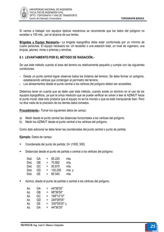 UNIVERSIDAD NACIONAL DE INGENIERÍA 
FACULTAD DE INGENIERÍA CIVIL 
DPTO. TOPOGRAFÍA Y VÍAS DE TRANSPORTE 
Centro de Extensión Universitaria TOPOGRAFÍA BÁSICA 
PROFESOR: Ing. Luis F. Manco Céspedes 25 
Si vamos a trabajar con equipos ópticos mecánicos se recomienda que los lados del polígono no excedan a 150 mts., por el alcance de sus lentes. 
Brigadas y Equipo Necesario.- La brigada topográfica debe estar conformada por un mínimo de cuatro personas. El equipo necesario es: Un teodolito o una estación total, un nivel de ingeniero, una brújula, jalones, miras o prismas y winchas. 
6.1. LEVANTAMIENTO POR EL MÉTODO DE RADIACIÓN.- 
Se usa éste método cuando el área del terreno es relativamente pequeña y cumple con las siguientes condiciones: 
- Desde un punto central lograr observar todos los linderos del terreno. Se debe formar un polígono, estableciendo vértices que contengan al perímetro del terreno. 
- Los alineamientos desde el punto central a los vértices del polígono deben ser accesibles. 
Debemos tener en cuenta que se debe usar éste método, cuando existe un dominio en el uso de los equipos topográficos, ya que la única medición que se puede verificar es volver a leer el AZIMUT hacia el punto inicial, éste solo probaría que el equipo no se ha movido o que se está manipulando bien. Pero no dice nada de la precisión de los demás datos tomados. 
Procedimiento.- Tomar los siguientes datos de campo: 
a) Medir desde el punto central las distancias horizontales a los vértices del polígono. 
b) Medir los AZIMUT desde el punto central a los vértices del polígono. 
Como dato adicional se debe tener las coordenadas del punto central o punto de partida. 
Ejemplo: Datos de campo: 
 Coordenada del punto de partida: G= (1000, 500) 
 Distancias desde el punto de partida o central a los vértices del polígono: 
Dist. 
GA 
= 
85.225 
mts. 
Dist. 
GB 
= 
70.882 
mts. 
Dist. 
GC 
= 
92.670 
mts. 
Dist. 
GD 
= 
102.205 
mts. y 
Dist. 
GE 
= 
80.540 
mts. 
 Azimut, desde el punto de partida o central a los vértices del polígono. 
Az 
GA 
= 
44º36'20'' 
Az 
GB 
= 
98º36'50'' 
Az 
GC 
= 
168º12'10'' 
Az 
GD 
= 
240º28'05'' 
Az 
GE 
= 
330º39'25'' y 
Az 
GA 
= 
44º36'35'' 
 