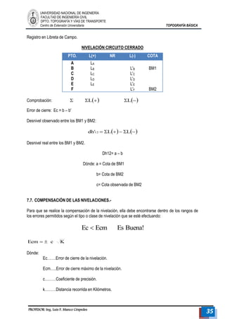 UNIVERSIDAD NACIONAL DE INGENIERÍA 
FACULTAD DE INGENIERÍA CIVIL 
DPTO. TOPOGRAFÍA Y VÍAS DE TRANSPORTE 
Centro de Extensión Universitaria TOPOGRAFÍA BÁSICA 
PROFESOR: Ing. Luis F. Manco Céspedes 35 
Registro en Libreta de Campo. 
NIVELACIÓN CIRCUITO CERRADO 
PTO. L(+) NR L(-) COTA 
A 
B 
C 
D 
E 
F 
LA 
LB 
LC 
LD 
LE 
L'B 
L'C 
L'D 
L'E 
L'F 
BM1 
BM2 
Comprobación:  L L 
Error de cierre: Ec = b – b' 
Desnivel observado entre los BM1 y BM2: 
dh'12  L L 
Desnivel real entre los BM1 y BM2. 
Dh12= a – b 
Dónde: a = Cota de BM1 
b= Cota de BM2 
c= Cota observada de BM2 
7.7. COMPENSACIÓN DE LAS NIVELACIONES.- 
Para que se realice la compensación de la nivelación, ella debe encontrarse dentro de los rangos de 
los errores permitidos según el tipo o clase de nivelación que se esté efectuando: 
Ec  Ecm Es Buena! 
Ecm   c K 
Dónde: 
Ec…….Error de cierre de la nivelación. 
Ecm…..Error de cierre máximo de la nivelación. 
c………Coeficiente de precisión. 
k………Distancia recorrida en Kilómetros. 
 