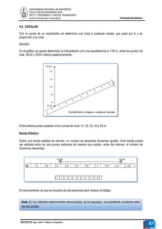 UNIVERSIDAD NACIONAL DE INGENIERÍA 
FACULTAD DE INGENIERÍA CIVIL 
DPTO. TOPOGRAFÍA Y VÍAS DE TRANSPORTE 
Centro de Extensión Universitaria TOPOGRAFÍA BÁSICA 
PROFESOR: Ing. Luis F. Manco Céspedes 47 
Nota: En los métodos anteriormente mencionados, se ha supuesto, una pendiente constante entre los dos puntos. 
8.8. ESCALAS 
Con la ayuda de un escalímetro se determina una línea a cualquier escala, que pasa por A y en proporción a su cota. 
Ejemplo: 
En el gráfico se quiere determinar la interpolación con una equidistancia a 1.00 m, entre los puntos de cota: 30.52 y 35.63 metros respectivamente. 
Entre ambos puntos pasaran cinco curvas de nivel: 31, 32, 33, 34 y 35 m. 
Banda Elástica 
Sobre una banda elástica se marcan, un número de pequeñas divisiones iguales. Esta banda puede ser estirada entre los dos puntos extremos de manera que existan, entre los mismos, el número de divisiones requeridas. 
El inconveniente, es que se requiere de dos personas para realizar el trabajo. 
Escalímetro o regla a cualquier escala. 