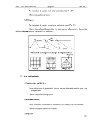 Maria Cecília Bonato Brandalize Topografia PUC/PR
-127-
îo eixo ótico da câmara pode estar inclinado entre 0° e 3°.
Obtém fotografias verticais.
b)Oblíquas:
îo eixo ótico da câmara possui uma inclinação entre 3° e 90°.
Obtém fotografias oblíquas Altas (na qual aparece o horizonte) e fotografias
oblíquas Baixas (na qual não aparece o horizonte).
22.5. Uso ou Finalidade
a)Cartográfica ou Métrica:
îseus elementos de orientação interna são perfeitamente conhecidos e de
alta precisão.
Obtém fotografias cartográficas.
b)Reconhecimento:
îseus elementos de orientação interna não são conhecidos com exatidão.
Obtém fotografias de reconhecimento.
c)Especial:
 
