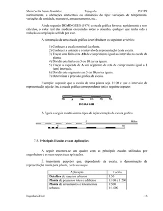 Maria Cecília Bonato Brandalize Topografia PUC/PR
Engenharia Civil -17-
normalmente, a alterações ambientais ou climáticas do tipo: variações de temperatura,
variações de umidade, manuseio, armazenamento, etc..
Ainda segundo DOMINGUES (1979) a escala gráfica fornece, rapidamente e sem
cálculos, o valor real das medidas executadas sobre o desenho, qualquer que tenha sido a
redução ou ampliação sofrida por este.
A construção de uma escala gráfica deve obedecer os seguintes critérios:
1) Conhecer a escala nominal da planta.
2) Conhecer a unidade e o intervalo de representação desta escala.
3) Traçar uma linha reta AB de comprimento igual ao intervalo na escala da
planta.
4) Dividir esta linha em 5 ou 10 partes iguais.
5) Traçar à esquerda de A um segmento de reta de comprimento igual a 1
(um) intervalo.
6) Dividir este segmento em 5 ou 10 partes iguais.
7) Determinar a precisão gráfica da escala.
Exemplo: supondo que a escala de uma planta seja 1:100 e que o intervalo de
representação seja de 1m, a escala gráfica correspondente terá o seguinte aspecto:
A figura a seguir mostra outros tipos de representação da escala gráfica.
7.5. Principais Escalas e suas Aplicações
A seguir encontra-se um quadro com as principais escalas utilizadas por
engenheiros e as suas respectivas aplicações.
É importante perceber que, dependendo da escala, a denominação da
representação muda para planta, carta ou mapa.
Aplicação Escala
Detalhes de terrenos urbanos 1:50
Planta de pequenos lotes e edifícios 1:100 e 1:200
Planta de arruamentos e loteamentos
urbanos
1:500
1:1.000
 