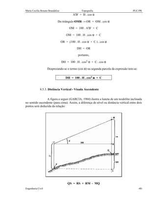 Maria Cecília Bonato Brandalize Topografia PUC/PR
Engenharia Civil -40-
A'B' = H . cos α
Do triângulo OMR → OR = OM . cos α
OM = 100 . A'B' + C
OM = 100 . H . cos α + C
OR = (100 . H . cos α + C ) . cos α
DH = OR
portanto,
DH = 100 . H . cos2 α + C . cos α
Desprezando-se o termo (cos α) na segunda parcela da expressão tem-se:
DH = 100 . H . cos2 α + C
8.5.3. Distância Vertical - Visada Ascendente
A figura a seguir (GARCIA, 1984) ilustra a luneta de um teodolito inclinada
no sentido ascendente (para cima). Assim, a diferença de nível ou distância vertical entre dois
pontos será deduzida da relação:
QS = RS + RM - MQ
 