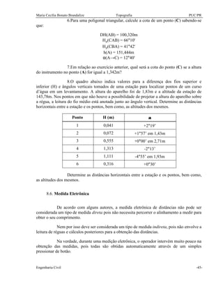 Maria Cecília Bonato Brandalize Topografia PUC/PR
Engenharia Civil -45-
6.Para uma poligonal triangular, calcule a cota de um ponto (C) sabendo-se
que:
DH(AB) = 100,320m
Hz(CAB) = 66°10'
Hz(CBA) = 41°42'
h(A) = 151,444m
α(A→C) = 12°40'
7.Em relação ao exercício anterior, qual será a cota do ponto (C) se a altura
do instrumento no ponto (A) for igual a 1,342m?
8.O quadro abaixo indica valores para a diferença dos fios superior e
inferior (H) e ângulos verticais tomados de uma estação para localizar pontos de um curso
d’água em um levantamento. A altura do aparelho foi de 1,83m e a altitude da estação de
143,78m. Nos pontos em que não houve a possibilidade de projetar a altura do aparelho sobre
a régua, a leitura do fio médio está anotada junto ao ângulo vertical. Determine as distâncias
horizontais entre a estação e os pontos, bem como, as altitudes dos mesmos.
Ponto H (m) α
1 0,041 +2°19’
2 0,072 +1°57’ em 1,43m
3 0,555 +0°00’ em 2,71m
4 1,313 -2°13’
5 1,111 -4°55’ em 1,93m
6 0,316 +0°30’
Determine as distâncias horizontais entre a estação e os pontos, bem como,
as altitudes dos mesmos.
8.6. Medida Eletrônica
De acordo com alguns autores, a medida eletrônica de distâncias não pode ser
considerada um tipo de medida direta pois não necessita percorrer o alinhamento a medir para
obter o seu comprimento.
Nem por isso deve ser considerada um tipo de medida indireta, pois não envolve a
leitura de réguas e cálculos posteriores para a obtenção das distâncias.
Na verdade, durante uma medição eletrônica, o operador intervém muito pouco na
obtenção das medidas, pois todas são obtidas automaticamente através de um simples
pressionar de botão.
 