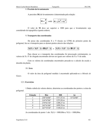Maria Cecília Bonato Brandalize Topografia PUC/PR
Engenharia Civil -82-
8. Precisão do levantamento
A precisão (M) do levantamento é determinada pela relação:
ε
=
P
M onde 22
eyex +=ε
O valor de M deve ser superior a 1000 para que o levantamento seja
considerado de topográfico (quarta ordem).
9. Transporte das coordenadas
De posse das coordenadas X e Y (locais ou UTM) do primeiro ponto da
poligonal, faz-se o transporte para os demais pontos através das relações:
)1P(X)1P(X)P(X −∆+−= e )1P(Y)1P(Y)P(Y −∆+−=
Para checar se o transporte das coordenadas foi processado corretamente, os
valores de X e Y de chegada encontrados devem ser iguais aos valores de X e Y de saída.
Com os valores de coordenadas encontrados procede-se o cálculo da escala e
desenho da planta.
10. Área
O valor da área da poligonal medida é encontrado aplicando-se o Método de
Gauss.
12.5. Exercícios
1.Dada a tabela de valores abaixo, determine as coordenadas dos pontos e a área da
poligonal.
Estação Hze DH Az
1 258°36'00” 1317,52 m 51°22'00”
2 210°47'00” 1253,94 m
3 279°01'30” 1208,27 m
4 243°41'00” 1899,70 m
5 267°55'30” 1148,62 m
As coordenadas do ponto 1 são: X(1) = 1000,00m e Y(1) = 1000,00m.
 