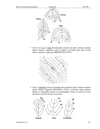 Maria Cecília Bonato Brandalize Topografia PUC/PR
Engenharia Civil 102
• Divisor de águas: linha formada pelo encontro de duas vertentes opostas
(pelos cumes) e segundo a qual as águas se dividem para uma e outra
destas vertentes. Figura de DOMINGUES (1979).
• Dorso: superfície convexa formada pela reunião de duas vertentes opostas
(pelos cumes). Segundo ESPARTEL (1987) e conforme figura abaixo,
podem ser alongados, planos ou arredondados. Neste, as curvas de nível
de menor valor envolvem as de maior.
 