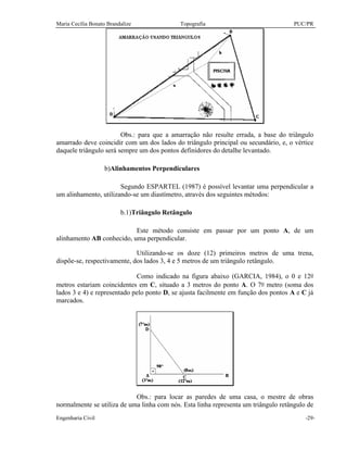 Maria Cecília Bonato Brandalize Topografia PUC/PR
Engenharia Civil -29-
Obs.: para que a amarração não resulte errada, a base do triângulo
amarrado deve coincidir com um dos lados do triângulo principal ou secundário, e, o vértice
daquele triângulo será sempre um dos pontos definidores do detalhe levantado.
b)Alinhamentos Perpendiculares
Segundo ESPARTEL (1987) é possível levantar uma perpendicular a
um alinhamento, utilizando-se um diastímetro, através dos seguintes métodos:
b.1)Triângulo Retângulo
Este método consiste em passar por um ponto A, de um
alinhamento AB conhecido, uma perpendicular.
Utilizando-se os doze (12) primeiros metros de uma trena,
dispõe-se, respectivamente, dos lados 3, 4 e 5 metros de um triângulo retângulo.
Como indicado na figura abaixo (GARCIA, 1984), o 0 e 12o
metros estariam coincidentes em C, situado a 3 metros do ponto A. O 7o metro (soma dos
lados 3 e 4) e representado pelo ponto D, se ajusta facilmente em função dos pontos A e C já
marcados.
Obs.: para locar as paredes de uma casa, o mestre de obras
normalmente se utiliza de uma linha com nós. Esta linha representa um triângulo retângulo de
 