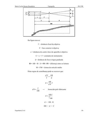 Maria Cecília Bonato Brandalize Topografia PUC/PR
Engenharia Civil -38-
Da figura tem-se:
f = distância focal da objetiva
F = foco exterior à objetiva
c = distância do centro ótico do aparelho à objetiva
C = c + f = constante do instrumento
d = distância do foco à régua graduada
H = AB = B - A = FS - FI = diferença entre as leituras
M = FM = leitura do retículo médio
Pelas regras de semelhança pode-se escrever que:
a b
f
AB
d
' '
=
d
AB
a b
f=
' '
.
a b
f
' '=
100
→ fornecido pelo fabricante
d
AB f
f
=
.
100
d = 100 . H
DH = d + C
 