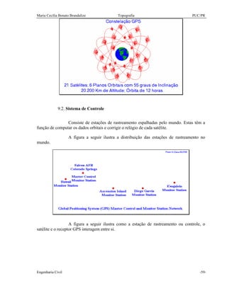 Maria Cecília Bonato Brandalize Topografia PUC/PR
Engenharia Civil -59-
9.2. Sistema de Controle
Consiste de estações de rastreamento espalhadas pelo mundo. Estas têm a
função de computar os dados orbitais e corrigir o relógio de cada satélite.
A figura a seguir ilustra a distribuição das estações de rastreamento no
mundo.
A figura a seguir ilustra como a estação de rastreamento ou controle, o
satélite e o receptor GPS interagem entre si.
 