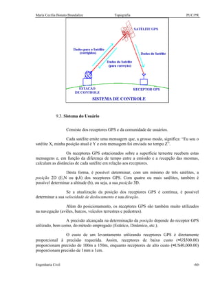 Maria Cecília Bonato Brandalize Topografia PUC/PR
Engenharia Civil -60-
9.3. Sistema do Usuário
Consiste dos receptores GPS e da comunidade de usuários.
Cada satélite emite uma mensagem que, a grosso modo, significa: “Eu sou o
satélite X, minha posição atual é Y e esta mensagem foi enviada no tempo Z”.
Os receptores GPS estacionados sobre a superfície terrestre recebem estas
mensagens e, em função da diferença de tempo entre a emissão e a recepção das mesmas,
calculam as distâncias de cada satélite em relação aos receptores.
Desta forma, é possível determinar, com um mínimo de três satélites, a
posição 2D (E,N ou φ,λ) dos receptores GPS. Com quatro ou mais satélites, também é
possível determinar a altitude (h), ou seja, a sua posição 3D.
Se a atualização da posição dos receptores GPS é contínua, é possível
determinar a sua velocidade de deslocamento e sua direção.
Além do posicionamento, os receptores GPS são também muito utilizados
na navegação (aviões, barcos, veículos terrestres e pedestres).
A precisão alcançada na determinação da posição depende do receptor GPS
utilizado, bem como, do método empregado (Estático, Dinâmico, etc.).
O custo de um levantamento utilizando receptores GPS é diretamente
proporcional à precisão requerida. Assim, receptores de baixo custo (≈U$500.00)
proporcionam precisão de 100m a 150m, enquanto receptores de alto custo (≈U$40,000.00)
proporcionam precisão de 1mm a 1cm.
 