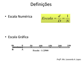 Definições
• Escala Numérica
N
D
d
Escala
1


• Escala Gráfica
Profº. Me. Leonardo A. Lopes
 