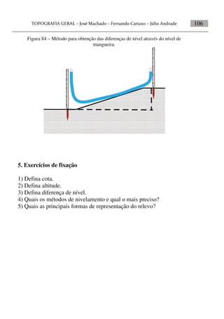 106
Figura 84 – Método para obtenção das diferenças de nível através do nível de
mangueira.
5. Exercícios de fixação
1) Defina cota.
2) Defina altitude.
3) Defina diferença de nível.
4) Quais os métodos de nivelamento e qual o mais preciso?
5) Quais as principais formas de representação do relevo?
 