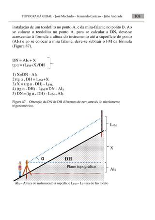 108
instalação de um teodolito no ponto A, e da mira-falante no ponto B. Ao
se colocar o teodolito no ponto A, para se calcular a DN, deve-se
acrescentar à fórmula a altura do instrumento até a superfície do ponto
(AIS) e ao se colocar a mira falante, deve-se subtrair o FM da fórmula
(Figura 87).
DN = AIS + X
tg  = (LFM+X)/DH
1) X=DN - AIS
2) tg  . DH = LFM +X
3) X = (tg  . DH) - LFM,
4) (tg  . DH) - LFM = DN - AIS
5) DN = (tg  . DH) - LFM + AIS
Figura 87 – Obtenção da DN de DH diferentes de zero através do nivelamento
trigonométrico.

Plano topográfico
X
DH
LFM
AIS
AIS – Altura do instrumento à superfície LFM – Leitura do fio médio
 