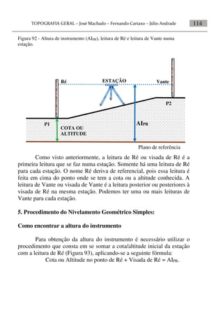 114
Figura 92 - Altura de instrumento (AIPR), leitura de Ré e leitura de Vante numa
estação.
Como visto anteriormente, a leitura de Ré ou visada de Ré é a
primeira leitura que se faz numa estação. Somente há uma leitura de Ré
para cada estação. O nome Ré deriva de referencial, pois essa leitura é
feita em cima do ponto onde se tem a cota ou a altitude conhecida. A
leitura de Vante ou visada de Vante é a leitura posterior ou posteriores à
visada de Ré na mesma estação. Podemos ter uma ou mais leituras de
Vante para cada estação.
5. Procedimento do Nivelamento Geométrico Simples:
Como encontrar a altura do instrumento
Para obtenção da altura do instrumento é necessário utilizar o
procedimento que consta em se somar a cota/altitude inicial da estação
com a leitura de Ré (Figura 93), aplicando-se a seguinte fórmula:
Cota ou Altitude no ponto de Ré + Visada de Ré = AIPR.
COTA OU
ALTITUDE
AIPR
Plano de referência
Ré VanteESTAÇÃO
P1
P2
 