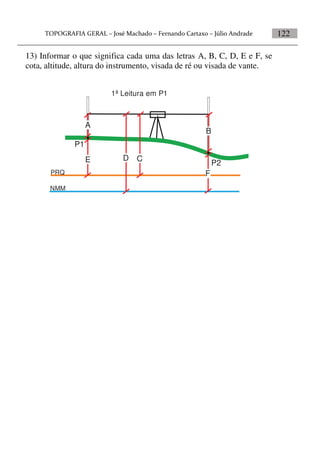 122
13) Informar o que significa cada uma das letras A, B, C, D, E e F, se
cota, altitude, altura do instrumento, visada de ré ou visada de vante.
A
B
C
PRQ
NMM
DE
F
1ª Leitura em P1
P1
P2
 
