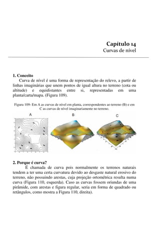 136


1. Conceito
Curva de nível é uma forma de representação do relevo, a partir de
linhas imaginárias que unem pontos de igual altura no terreno (cota ou
altitude) e equidistantes entre si, representadas em uma
planta/carta/mapa. (Figura 109).
Figura 109- Em A as curvas de nível em planta, correspondentes ao terreno (B) e em
C as curvas de nível imaginariamente no terreno.
2. Porque é curva?
É chamada de curva pois normalmente os terrenos naturais
tendem a ter uma certa curvatura devido ao desgaste natural erosivo do
terreno, não possuindo arestas, cuja projeção ortométrica resulta numa
curva (Figura 110, esquerda). Caso as curvas fossem oriundas de uma
pirâmide, com arestas e figura regular, seria em forma de quadrado ou
retângulos, como mostra a Figura 110, direita).
 