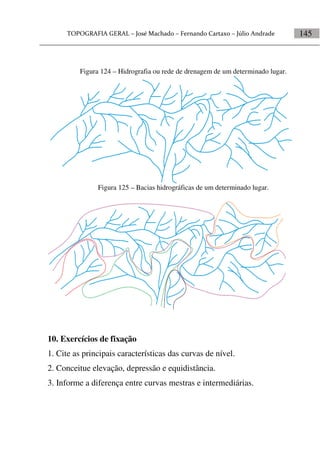 145
Figura 124 – Hidrografia ou rede de drenagem de um determinado lugar.
Figura 125 – Bacias hidrográficas de um determinado lugar.
10. Exercícios de fixação
1. Cite as principais características das curvas de nível.
2. Conceitue elevação, depressão e equidistância.
3. Informe a diferença entre curvas mestras e intermediárias.
 