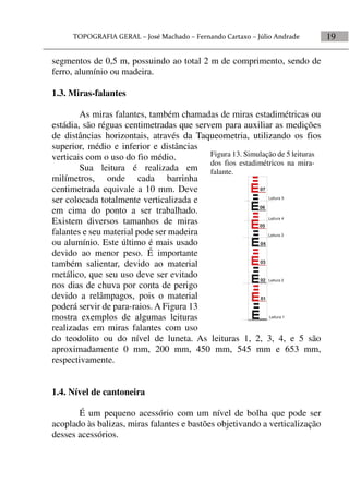 19
segmentos de 0,5 m, possuindo ao total 2 m de comprimento, sendo de
ferro, alumínio ou madeira.
1.3. Miras-falantes
As miras falantes, também chamadas de miras estadimétricas ou
estádia, são réguas centimetradas que servem para auxiliar as medições
de distâncias horizontais, através da Taqueometria, utilizando os fios
superior, médio e inferior e distâncias
verticais com o uso do fio médio.
Sua leitura é realizada em
milímetros, onde cada barrinha
centimetrada equivale a 10 mm. Deve
ser colocada totalmente verticalizada e
em cima do ponto a ser trabalhado.
Existem diversos tamanhos de miras
falantes e seu material pode ser madeira
ou alumínio. Este último é mais usado
devido ao menor peso. É importante
também salientar, devido ao material
metálico, que seu uso deve ser evitado
nos dias de chuva por conta de perigo
devido a relâmpagos, pois o material
poderá servir de para-raios. A Figura 13
mostra exemplos de algumas leituras
realizadas em miras falantes com uso
do teodolito ou do nível de luneta. As leituras 1, 2, 3, 4, e 5 são
aproximadamente 0 mm, 200 mm, 450 mm, 545 mm e 653 mm,
respectivamente.
1.4. Nível de cantoneira
É um pequeno acessório com um nível de bolha que pode ser
acoplado às balizas, miras falantes e bastões objetivando a verticalização
desses acessórios.
Figura 13. Simulação de 5 leituras
dos fios estadimétricos na mira-
falante.
01
02
03
04
05
06
07
Leitura 1
Leitura 2
Leitura 3
Leitura 4
Leitura 5
 