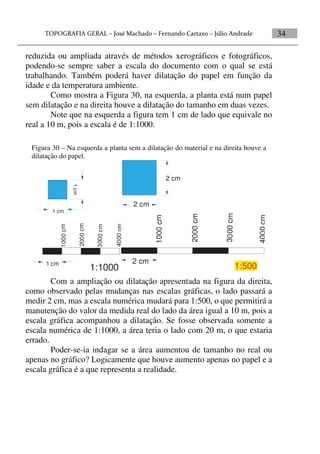 34
reduzida ou ampliada através de métodos xerográficos e fotográficos,
podendo-se sempre saber a escala do documento com o qual se está
trabalhando. Também poderá haver dilatação do papel em função da
idade e da temperatura ambiente.
Como mostra a Figura 30, na esquerda, a planta está num papel
sem dilatação e na direita houve a dilatação do tamanho em duas vezes.
Note que na esquerda a figura tem 1 cm de lado que equivale no
real a 10 m, pois a escala é de 1:1000.
Com a ampliação ou dilatação apresentada na figura da direita,
como observado pelas mudanças nas escalas gráficas, o lado passará a
medir 2 cm, mas a escala numérica mudará para 1:500, o que permitirá a
manutenção do valor da medida real do lado da área igual a 10 m, pois a
escala gráfica acompanhou a dilatação. Se fosse observada somente a
escala numérica de 1:1000, a área teria o lado com 20 m, o que estaria
errado.
Poder-se-ia indagar se a área aumentou de tamanho no real ou
apenas no gráfico? Logicamente que houve aumento apenas no papel e a
escala gráfica é a que representa a realidade.
Figura 30 – Na esquerda a planta sem a dilatação do material e na direita houve a
dilatação do papel.
1cm
1:1000
1 cm
1000cm
2000cm
3000cm
4000cm
1 cm
1000cm
2000cm
3000cm
4000cm
1:500
2 cm
2 cm
2 cm
 