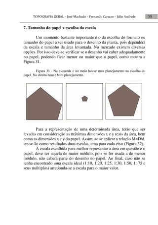 35
7. Tamanho do papel x escolha da escala
Um momento bastante importante é o da escolha do formato ou
tamanho do papel a ser usado para o desenho da planta, pois dependerá
da escala e tamanho da área levantada. No mercado existem diversas
opções. Por isso deve-se verificar se o desenho vai caber adequadamente
no papel, podendo ficar menor ou maior que o papel, como mostra a
Figura 31.
Figura 31 - Na esquerda e no meio houve mau planejamento na escolha do
papel. Na direita houve bom planejamento.
Para a representação de uma determinada área, terão que ser
levadas em consideração as máximas dimensões x e y reais da área, bem
como as dimensões x e y do papel. Assim, ao se aplicar a relação M=D/d,
ter-se-ão como resultados duas escalas, uma para cada eixo (Figura 32).
A escala escolhida para melhor representar a área em questão e o
papel, deve ser aquela de maior módulo, pois se for usada a de menor
módulo, não caberá parte do desenho no papel. Ao final, caso não se
tenha encontrado uma escala ideal (1:10, 1:20, 1:25, 1:30, 1:50, 1: 75 e
seus múltiplos) arredonda-se a escala para o maior valor.
 