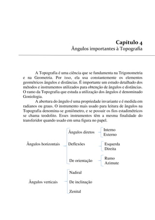 39


A Topografia é uma ciência que se fundamenta na Trigonometria
e na Geometria. Por isso, ela usa constantemente os elementos
geométricos ângulos e distâncias. É importante um estudo detalhado dos
métodos e instrumentos utilizados para obtenção de ângulos e distâncias.
O ramo da Topografia que estuda a utilização dos ângulos é denominado
Goniologia.
A abertura do ângulo é uma propriedade invariante e é medida em
radianos ou graus. O instrumento mais usado para leitura de ângulos na
Topografia denomina-se goniômetro, e se possuir os fios estadimétricos
se chama teodolito. Esses instrumentos têm a mesma finalidade do
transferidor quando usado em uma figura no papel.
Ângulos diretos
Interno
Externo
Ângulos horizontais Deflexões Esquerda
Direita
De orientação
Rumo
Azimute
Nadiral
Ângulos verticais De inclinação
Zenital
 