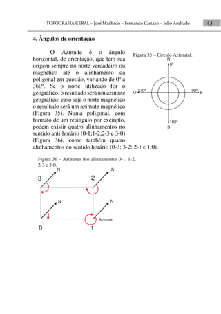 43
4. Ângulos de orientação
O Azimute é o ângulo
horizontal, de orientação, que tem sua
origem sempre no norte verdadeiro ou
magnético até o alinhamento da
poligonal em questão, variando de 0º a
360º. Se o norte utilizado for o
geográfico, o resultado será um azimute
geográfico; caso seja o norte magnético
o resultado será um azimute magnético
(Figura 35). Numa poligonal, com
formato de um retângulo por exemplo,
podem existir quatro alinhamentos no
sentido anti-horário (0-1;1-2;2-3 e 3-0)
(Figura 36), como também quatro
alinhamentos no sentido horário (0-3; 3-2; 2-1 e 1;0).
Figura 35 – Circulo Azimutal.
N
EO
S
0º
90º
180º
270º
Figura 36 – Azimutes dos alinhamentos 0-1, 1-2,
2-3 e 3-0.
0 1
23
N
N
N
N
Azimute
 