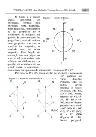44
O Rumo é o menor
ângulo horizontal, de
orientação, formado pela
orientação norte magnética,
norte geográfica, sul magnética
ou sul geográfica até o
alinhamento da poligonal em
questão. Se caso o norte/sul for
geográfico, o resultado será um
rumo geográfico e se caso o
norte/sul for magnético, o
resultado será um rumo
magnético. Esse ângulo de
orientação tem sua origem no
norte ou sul (onde estiver mais
próximo do alinhamento em
questão) até o alinhamento no
sentido horário ou anti-horário,
onde estiver mais próximo do alinhamento, variando de 0º a 90º.
Por variar de 0º a 90º, podem existir, por exemplo, 4 rumos com
45º partindo de
várias direções.
Portanto, todos os
rumos devem
informar os pontos
colaterais, NE, SE,
SO e NO. Assim,
teremos: 45º NE, 45º
SE, 45º SO e 45º
NO, onde os Rumos
poderão variar de 0º
a 90º (NE), 0º a 90º
(SE), 0º a 90º (SO),
0º a 90º (NO)
(Figuras 37 e 38).
Numa poligonal,
Figura 37 – Círculo do Rumo.
N
EO
0º
90º
0º
90º
NE
SESO
NO
Figura 38 – Rumo dos alinhamentos 0-1, 1-2, 2-3 e 3-0.
N
E
S
O
RUMO
N
ES
O
N
ES
O
N
ES
O
0 1
23
S
 