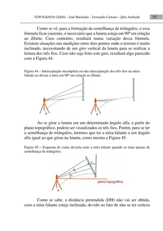55
Como se vê, para a formação da semelhança de triângulos, e essa
fórmula ficar coerente, é necessário que a luneta esteja em 90º em relação
ao Zênite. Caso contrário, resultará numa variação dessa fórmula.
Existem situações nas medições entre dois pontos onde o terreno é muito
inclinado, necessitando de um giro vertical da luneta para se realizar a
leitura dos três fios. Caso não seja feito este giro, resultará algo parecido
com a Figura 44.
Figura 44 – Interceptação incompleta ou não interceptação dos três fios na mira-
falante ao deixar a mira em 90º em relação ao Zênite.
A
B
A
B
Ao se girar a luneta em um determinado ângulo alfa, a partir do
plano topográfico, podem ser visualizados os três fios. Porém, para se ter
a semelhança de triângulos, teremos que ter a mira-falante a um ângulo
alfa igual ao que girou na luneta, como mostra a Figura 45.
Figura 45 – Esquema de como deveria estar a mira falante quando se trata apenas de
semelhança de triângulos.
Como se sabe, a distância pretendida (DH) não vai ser obtida,
caso a mira falante esteja inclinada, devido ao fato de não se ter certeza
 