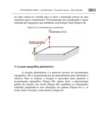 69
no outro coloca-se o bastão para se fazer a amarração através de uma
referência para o instrumento. O levantamento por coordenadas é muito
utilizado por topógrafos que trabalham com Estação Total (Figura 58).
3. Locação topográfica planimétrica
A locação planimétrica é o processo inverso ao levantamento
topográfico. Ela é caracterizada por um procedimento mais demorado e
oneroso. Para se realizar a locação é necessário fazer primeiro o
levantamento topográfico (Figura 59), depois fazer a representação
gráfica do terreno, em escala (Figura 60), modificar as informações
coletadas projetando-se suas alterações nas plantas (Figura 61) e, só
assim, fazer a locação, como mostra a Figura 62.
Figura 58- Levantamento por coordenadas.
 