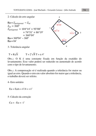 74
2- Cálculo do erro angular
Ea =   
  
  
 
 
 
 
Ea = 360º04’ – 360º
Ea = 04’
3- Tolerância angular
Obs.1: O K é uma constante fixada em função da exatidão do
levantamento. Esse valor poderá ser reduzido ou aumentado de acordo
com o tipo de levantamento.
Obs.2: A compensação só é realizada quando a tolerância for maior ou
igual ao erro. Quando o erro em valor absoluto for maior que a tolerância,
o trabalho deverá ser refeito.
4- Erro unitário
5- Cálculo da correção
1
2
3
4
104
0
14’
95
0
00’
86
0
19’
74
0
31’
T = K T = 2’ T = ± 4’
Eu = Ea/n = 4’/4 = +1’
Ca = - Eu = -1’
 