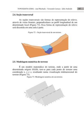 97
2.4. Seção transversal
As seções transversais são formas de representação do relevo,
através de vistas frontais, perpendiculares ao perfil longitudinal de um
determinado local (Figura 72). Essa forma de representação do relevo
será discutida em uma aula à parte.
Figura 72 – Seção transversal de um terreno.
2.5. Modelagem numérica do terreno
É um modelo matemático do terreno, onde a partir de uma
determinada origem (0,0,0), tem-se para cada ponto do terreno uma
coordenada x, y e z, resultando numa visualização tridimensional do
terreno (Figura 73).
Figura 73- Modelagem numérica de um terreno.
 