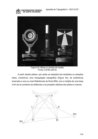 Apostila de Topografia II – ECV 5137
114
Figura 43: Miras ou pontos de visada.
Fonte: Corrêa (2012).
A partir destes pilares, que serão as estações dos teodolitos ou estações
totais, constrói-se uma triangulação topográfica (Figura 44), de preferência
amarrada a uma ou mais Referências de Nível (RN), com a medida de uma base
a fim de se conhecer as distâncias e as posições relativas dos pilares e marcas.
 