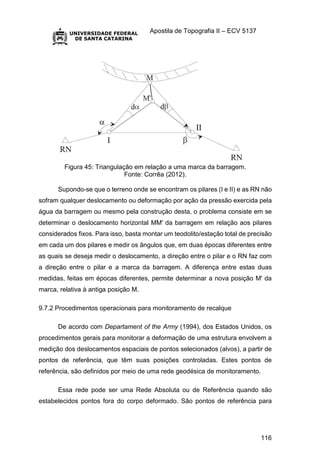 Apostila de Topografia II – ECV 5137
116
Figura 45: Triangulação em relação a uma marca da barragem.
Fonte: Corrêa (2012).
Supondo-se que o terreno onde se encontram os pilares (I e II) e as RN não
sofram qualquer deslocamento ou deformação por ação da pressão exercida pela
água da barragem ou mesmo pela construção desta, o problema consiste em se
determinar o deslocamento horizontal MM' da barragem em relação aos pilares
considerados fixos. Para isso, basta montar um teodolito/estação total de precisão
em cada um dos pilares e medir os ângulos que, em duas épocas diferentes entre
as quais se deseja medir o deslocamento, a direção entre o pilar e o RN faz com
a direção entre o pilar e a marca da barragem. A diferença entre estas duas
medidas, feitas em épocas diferentes, permite determinar a nova posição M' da
marca, relativa à antiga posição M.
9.7.2 Procedimentos operacionais para monitoramento de recalque
De acordo com Departament of the Army (1994), dos Estados Unidos, os
procedimentos gerais para monitorar a deformação de uma estrutura envolvem a
medição dos deslocamentos espaciais de pontos selecionados (alvos), a partir de
pontos de referência, que têm suas posições controladas. Estes pontos de
referência, são definidos por meio de uma rede geodésica de monitoramento.
Essa rede pode ser uma Rede Absoluta ou de Referência quando são
estabelecidos pontos fora do corpo deformado. São pontos de referência para
 
