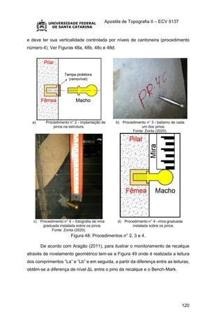 Apostila de Topografia II – ECV 5137
120
e deve ter sua verticalidade controlada por níveis de cantoneira (procedimento
número 4). Ver Figuras 48a, 48b, 48c e 48d.
a) Procedimento n° 2 - implantação de
pinos na estrutura.
b) Procedimento n° 3 - batismo de cada
um dos pinos.
Fonte: Zonta (2020).
c) Procedimento n° 4 – fotografia de mira
graduada instalada sobre os pinos.
Fonte: Zonta (2020).
d) Procedimento n° 4 –mira graduada
instalada sobre os pinos.
Figura 48: Procedimentos n° 2, 3 e 4.
De acordo com Aragão (2011), para ilustrar o monitoramento de recalque
através de nivelamento geométrico tem-se a Figura 49 onde é realizada a leitura
dos comprimentos “La” e “Lb” e em seguida, a partir da diferença entre as leituras,
obtêm-se a diferença de nível ΔL entre o pino de recalque e o Bench-Mark.
 