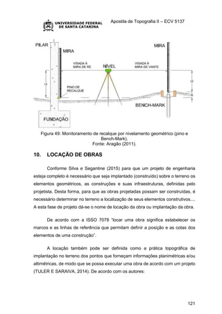Apostila de Topografia II – ECV 5137
121
Figura 49: Monitoramento de recalque por nivelamento geométrico (pino e
Bench-Mark).
Fonte: Aragão (2011).
10. LOCAÇÃO DE OBRAS
Conforme Silva e Segantine (2015) para que um projeto de engenharia
esteja completo é necessário que seja implantado (construído) sobre o terreno os
elementos geométricos, as construções e suas infraestruturas, definidas pelo
projetista. Desta forma, para que as obras projetadas possam ser construídas, é
necessário determinar no terreno a localização de seus elementos construtivos....
A esta fase de projeto dá-se o nome de locação da obra ou implantação da obra.
De acordo com a ISSO 7078 “locar uma obra significa estabelecer os
marcos e as linhas de referência que permitam definir a posição e as cotas dos
elementos de uma construção”.
A locação também pode ser definida como a prática topográfica de
implantação no terreno dos pontos que forneçam informações planimétricas e/ou
altimétricas, de modo que se possa executar uma obra de acordo com um projeto
(TULER E SARAIVA, 2014). De acordo com os autores:
 