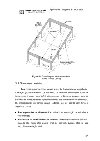 Apostila de Topografia II – ECV 5137
127
Figura 51: Gabarito para locação de obras.
Fonte: Corrêa (2012).
10.1.2 Locação com teodolitos
Para obras de grande porte, para as quais não é possível usar um gabarito,
a locação geométrica é feita por intermédio de teodolitos ou estações totais. O
instrumento é usado para definir alinhamentos e demarcar ângulos para os
traçados de linhas paralelas e perpendiculares aos alinhamentos de referência.
Os procedimentos de campo variam podendo ser, de acordo com Silva e
Segantine (2015):
 Prolongamentos de alinhamentos: utilizado na construção de estradas e
loteamentos;
 Verificação da verticalidade de colunas: utilizado para verificar colunas,
quando não muito altas usa-se nível de pedreiro, quando altas se usa
teodolitos ou estação total;
 