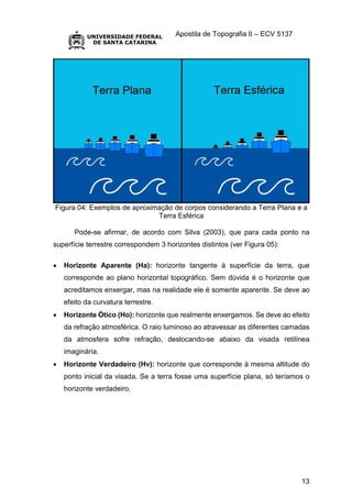Apostila de Topografia II – ECV 5137
13
Figura 04: Exemplos de aproximação de corpos considerando a Terra Plana e a
Terra Esférica
Pode-se afirmar, de acordo com Silva (2003), que para cada ponto na
superfície terrestre correspondem 3 horizontes distintos (ver Figura 05):
 Horizonte Aparente (Ha): horizonte tangente à superfície da terra, que
corresponde ao plano horizontal topográfico. Sem dúvida é o horizonte que
acreditamos enxergar, mas na realidade ele é somente aparente. Se deve ao
efeito da curvatura terrestre.
 Horizonte Ótico (Ho): horizonte que realmente enxergamos. Se deve ao efeito
da refração atmosférica. O raio luminoso ao atravessar as diferentes camadas
da atmosfera sofre refração, deslocando-se abaixo da visada retilínea
imaginária.
 Horizonte Verdadeiro (Hv): horizonte que corresponde à mesma altitude do
ponto inicial da visada. Se a terra fosse uma superfície plana, só teríamos o
horizonte verdadeiro.
 