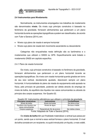 Apostila de Topografia II – ECV 5137
19
2.4 Instrumentos para Nivelamento
Normalmente, os instrumentos empregados nos trabalhos de nivelamento
são denominados níveis. Os níveis cujo princípio construtivo é baseado no
fenômeno da gravidade, fornecem alinhamentos que pertencem a um plano
horizontal durante as operações topográficas e podem ser classificados, de acordo
com Tuler e Saraiva (2014,) em:
 Níveis cujo plano de visada é sempre horizontal
 Níveis cujo plano de visada tem movimento ascendente ou descendente
Categorias não enquadradas nesta definição são os barômetros e o
nivelamentos que utilizam o GNSS ou GPS. Especificamente será tratado o
nivelamento GNSS em capítulo específico.
2.4.1 Plano de visada horizontal
Os níveis, cujo princípio construtivo é baseado no fenômeno da gravidade,
fornecem alinhamentos que pertencem a um plano horizontal durante as
operações topográficas. Os níveis com visada horizontal quando girados em torno
de seu eixo vertical, devidamente ajustado, descrevem sempre um plano
horizontal. A horizontalidade do plano de visada do equipamento está apoiada na
física, pelo princípio de gravidade, podendo ser obtida através do emprego de
níveis de bolha, do equilíbrio dos líquidos nos vasos comunicantes ou através do
princípio dos corpos suspensos. Ver Quadro 02.
Quadro 02: Instrumentos altimétricos que utilizam o princípio da gravidade
Princípios construtivos Instrumentos Confiabilidade
Níveis de bolha Níveis de luneta De ótima a boa
Equilíbrio dos líquidos nos
vasos comunicantes
Níveis de água De boa a média
Corpos suspensos Perpendículo (fio de prumo) De média a baixa
Fonte: Adaptado de Tuler e Saraiva (2014).
Os níveis de bolha têm por finalidade materializar a vertical que passa por
um ponto, sendo que a normal a essa vertical fornece o plano horizontal. O nível
de bolha consiste em um recipiente, no qual é introduzido um líquido, o mais volátil,
 